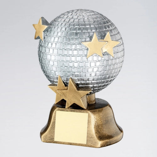 Trophy with a disco ball and gold stars on a gray background