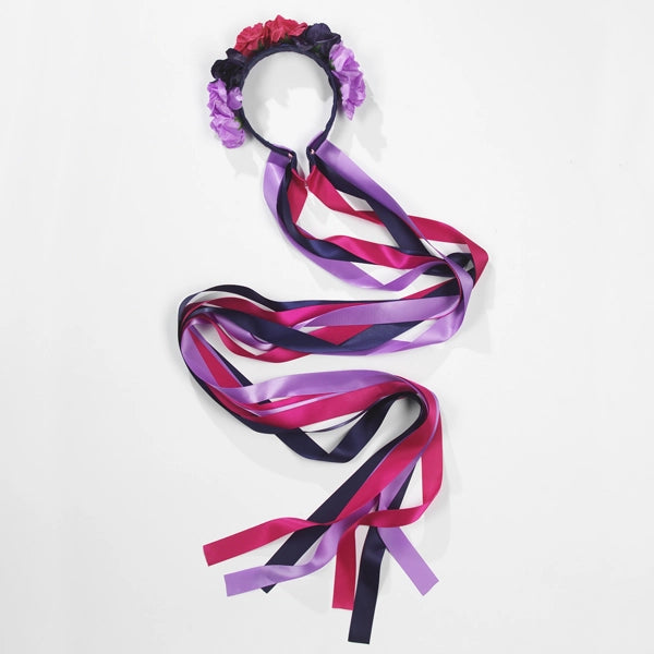 RAD Grade 3 floral headband with navy, fuchsia and purple flowers and long dark ribbons