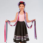 RAD Grade 3 floral headband with navy, fuchsia and purple flowers and long dark ribbons
