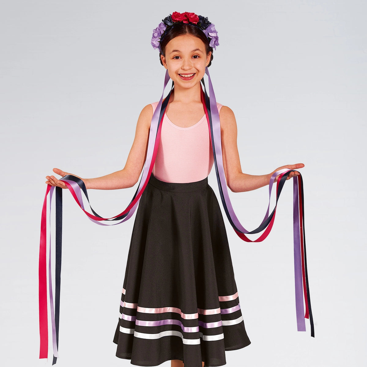 RAD Grade 3 floral headband with navy, fuchsia and purple flowers and long dark ribbons