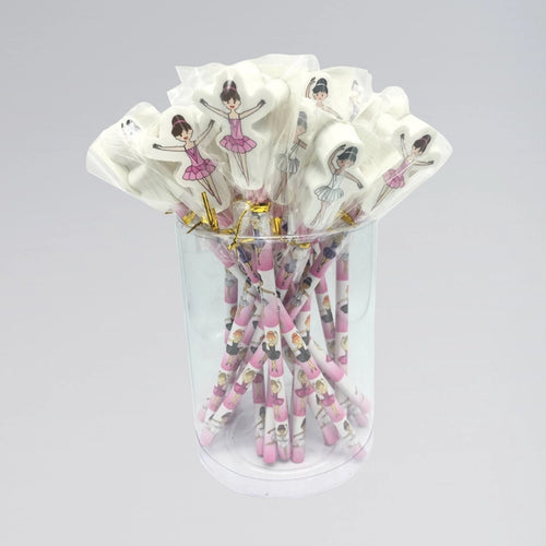 Bouquet of pink and white straws with ballerina design in a clear glass container on a gray background