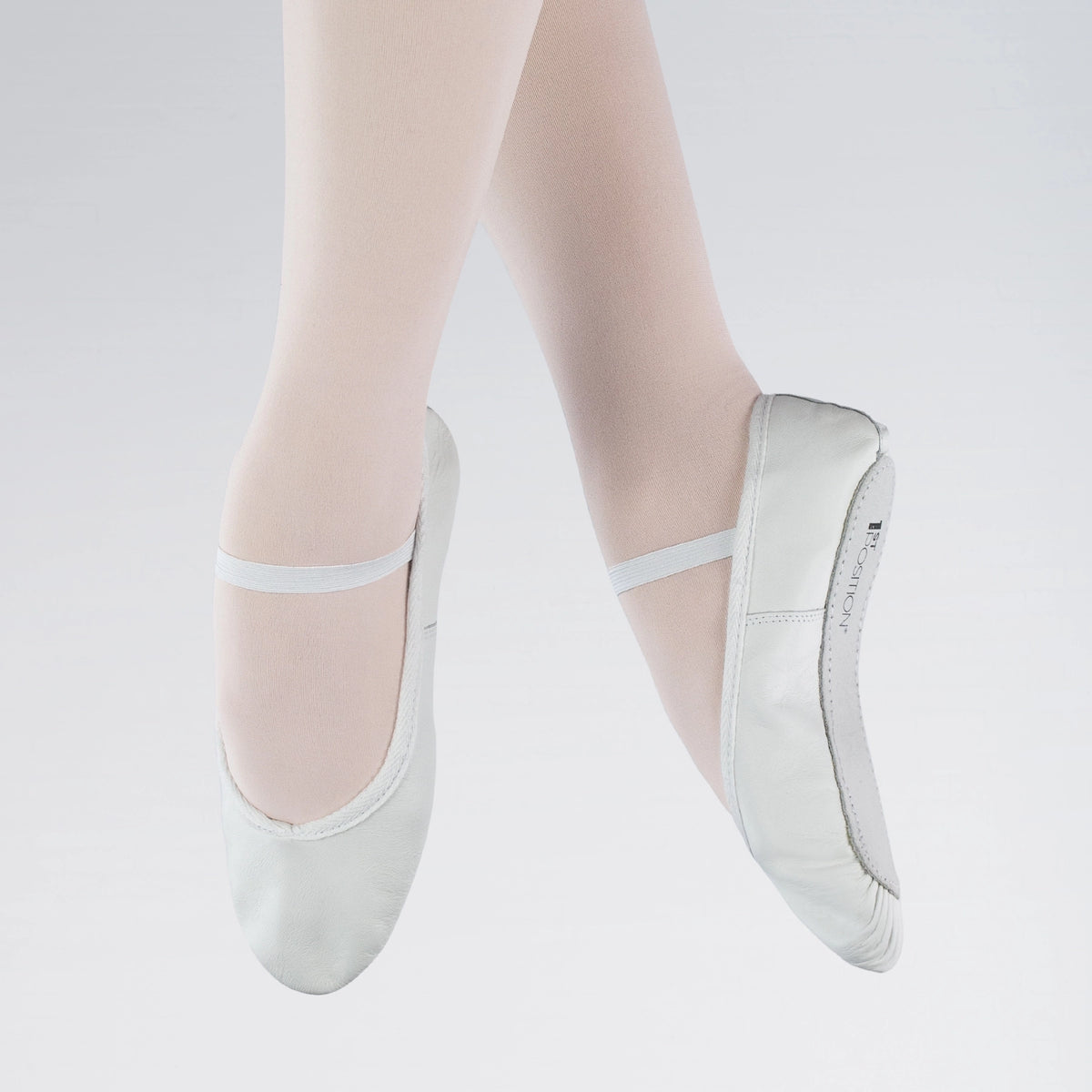 1st Position white leather full sole ballet shoes with pre-sewn elastic and drawstring fit for ballet classes, exams and performances